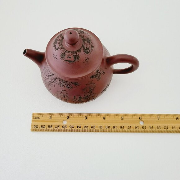 Chinese Yixing Clay Teapot, Carved Figural Design Burnished Purple Clay 10fl. oz - Picture 15 of 16